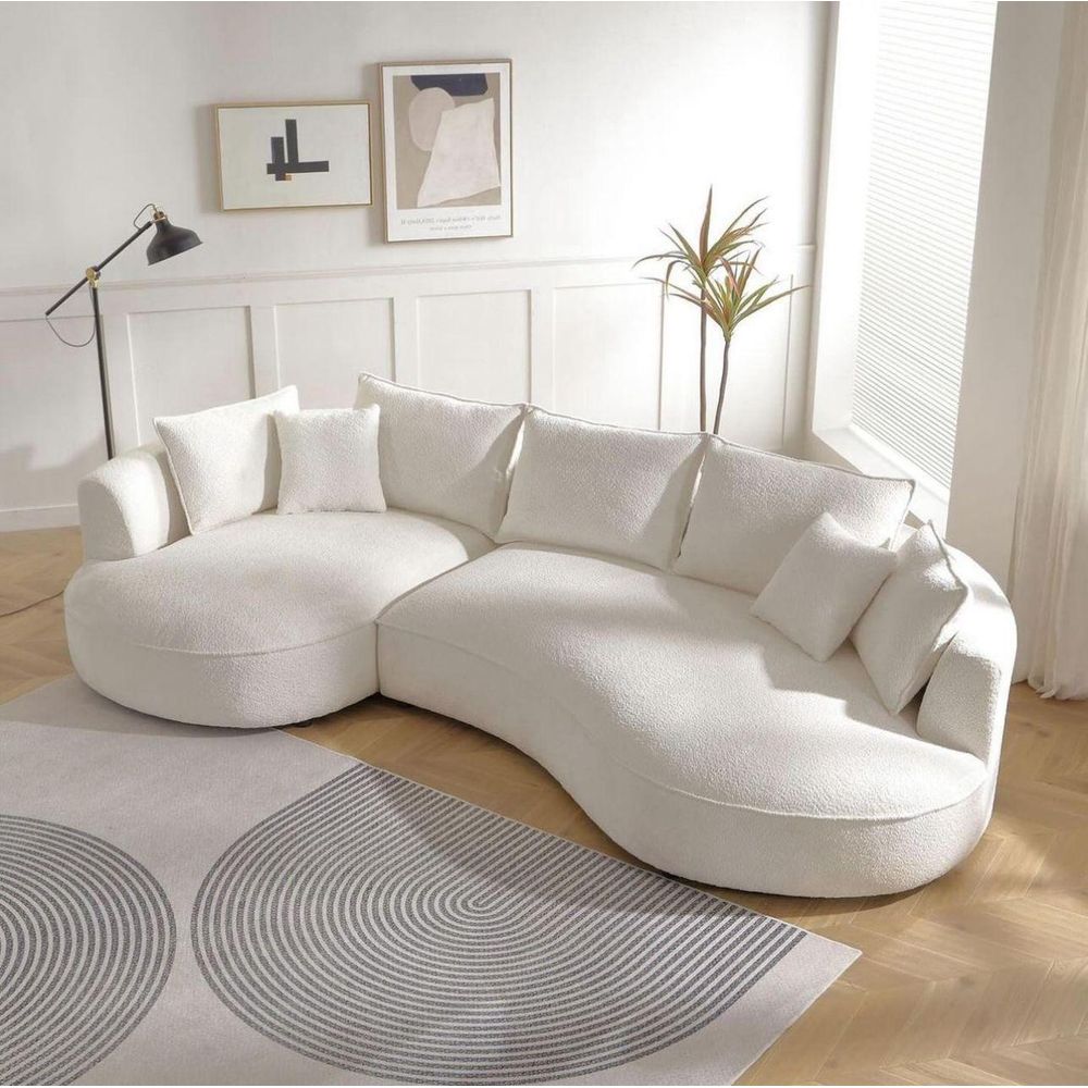 Buy Wooden Twist Snowy Curved Luxurious Boucle Fabric Seater Sofa