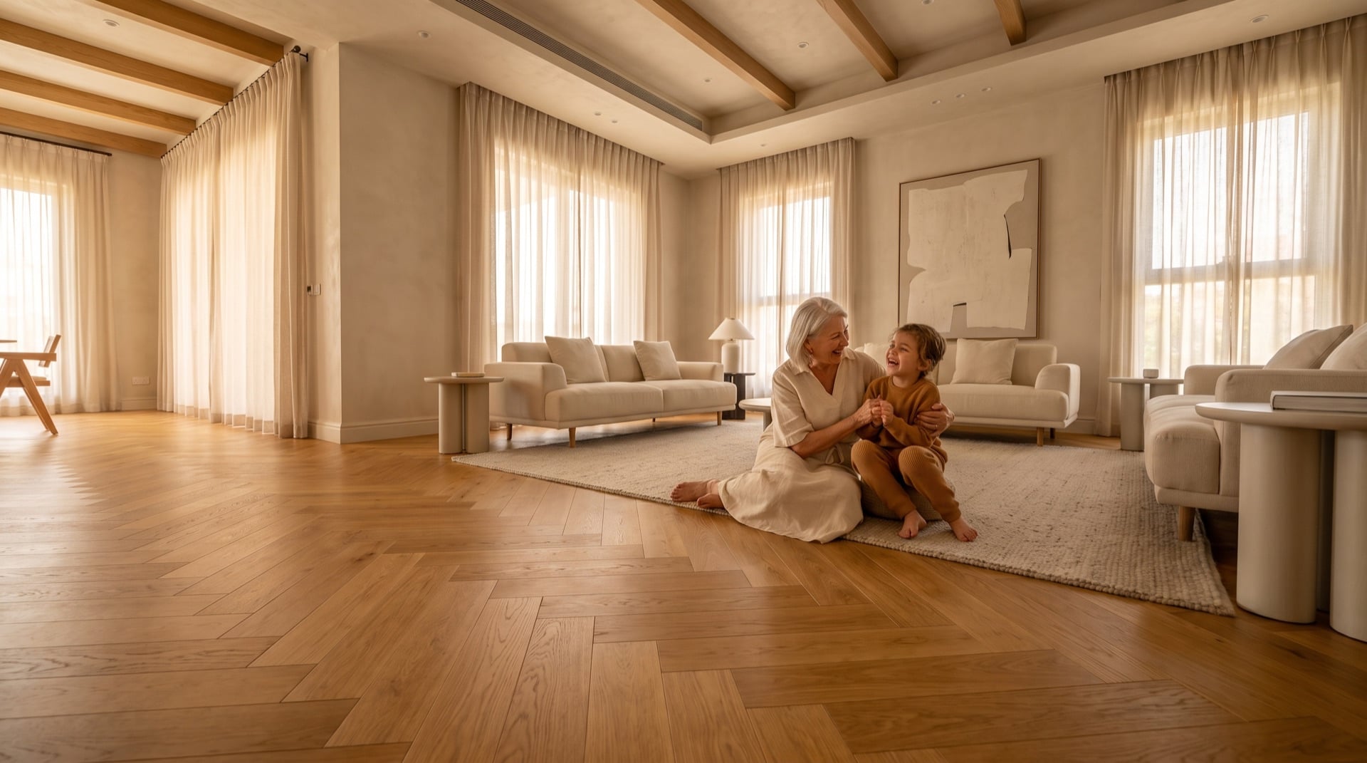Grandmother and grandchild barefoot on parquet in a living room