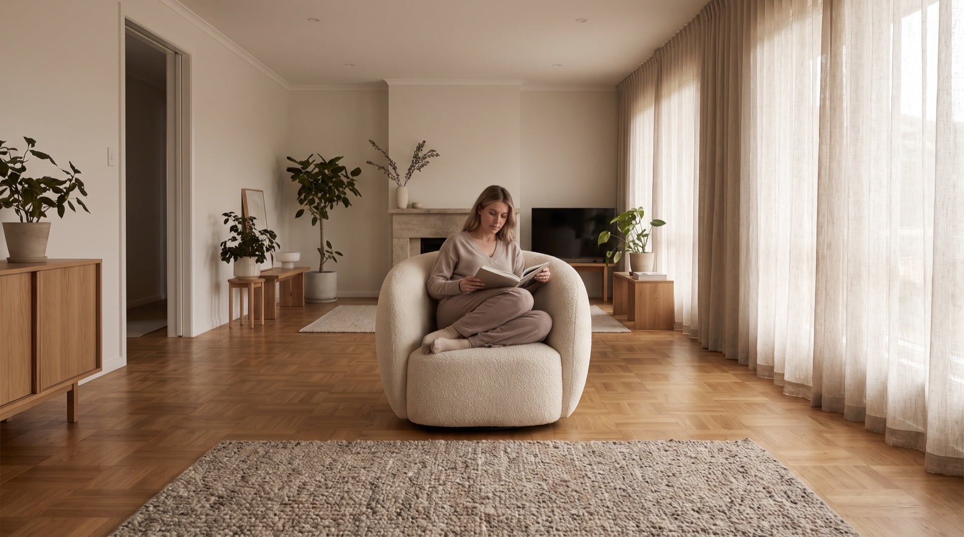 Quiet living room with parquet flooring