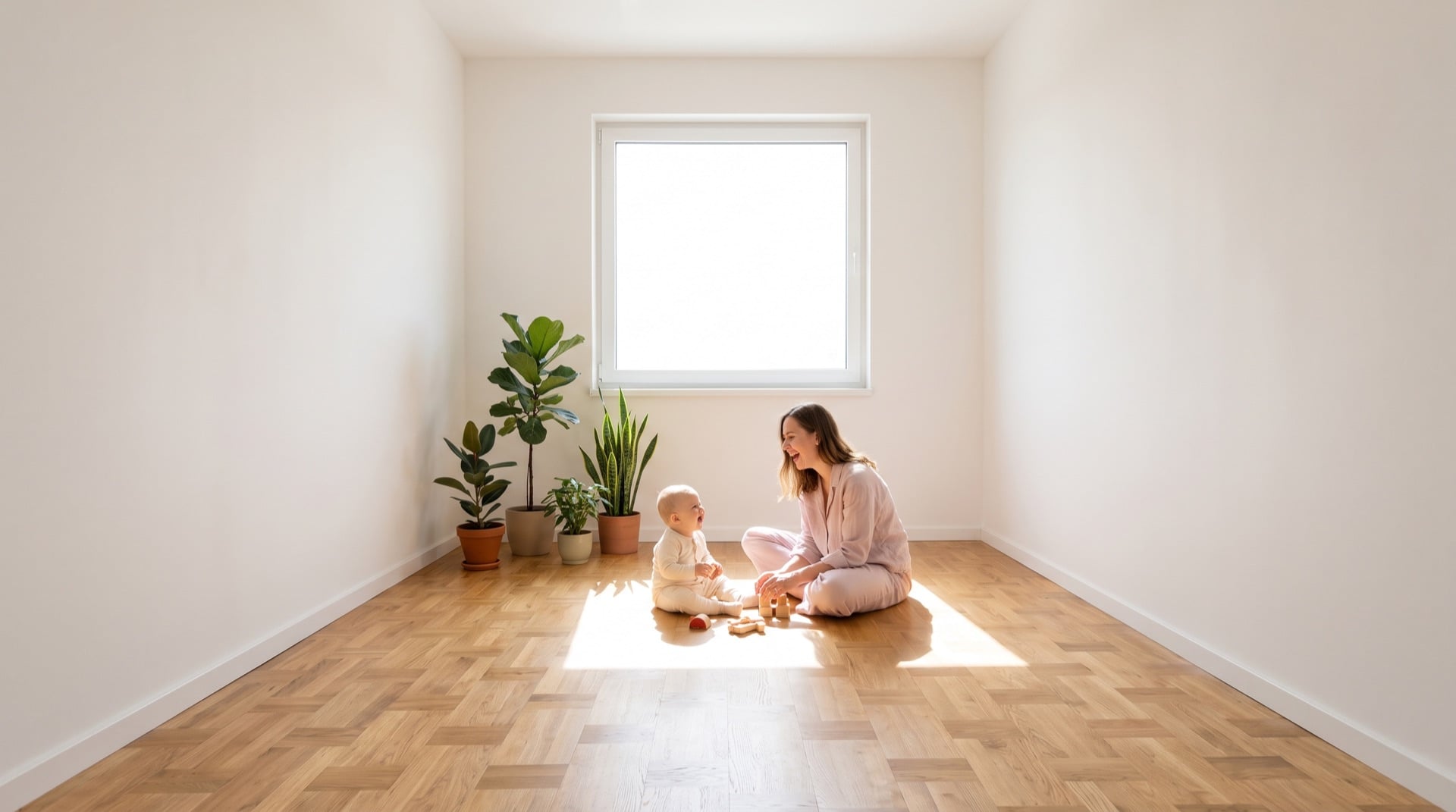 Mother and baby on clean parquet flooring