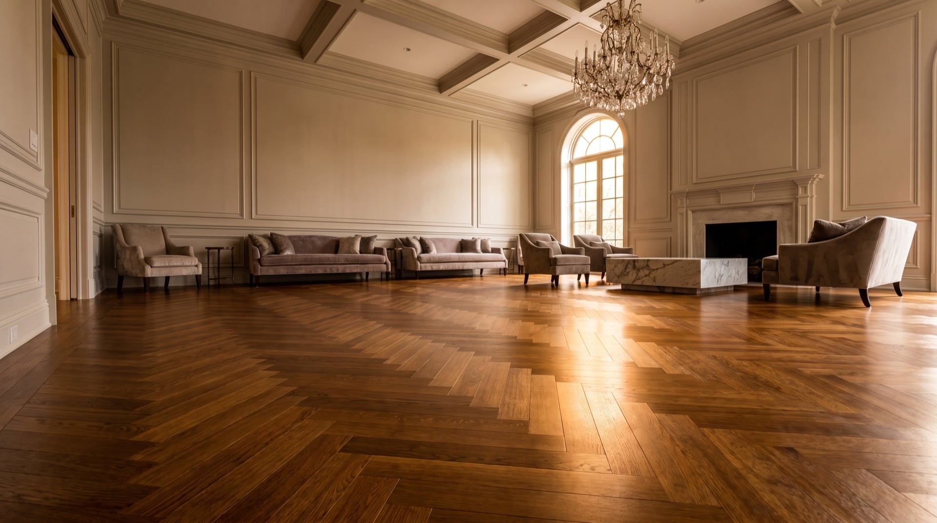 Luxurious living room with herringbone parquet flooring