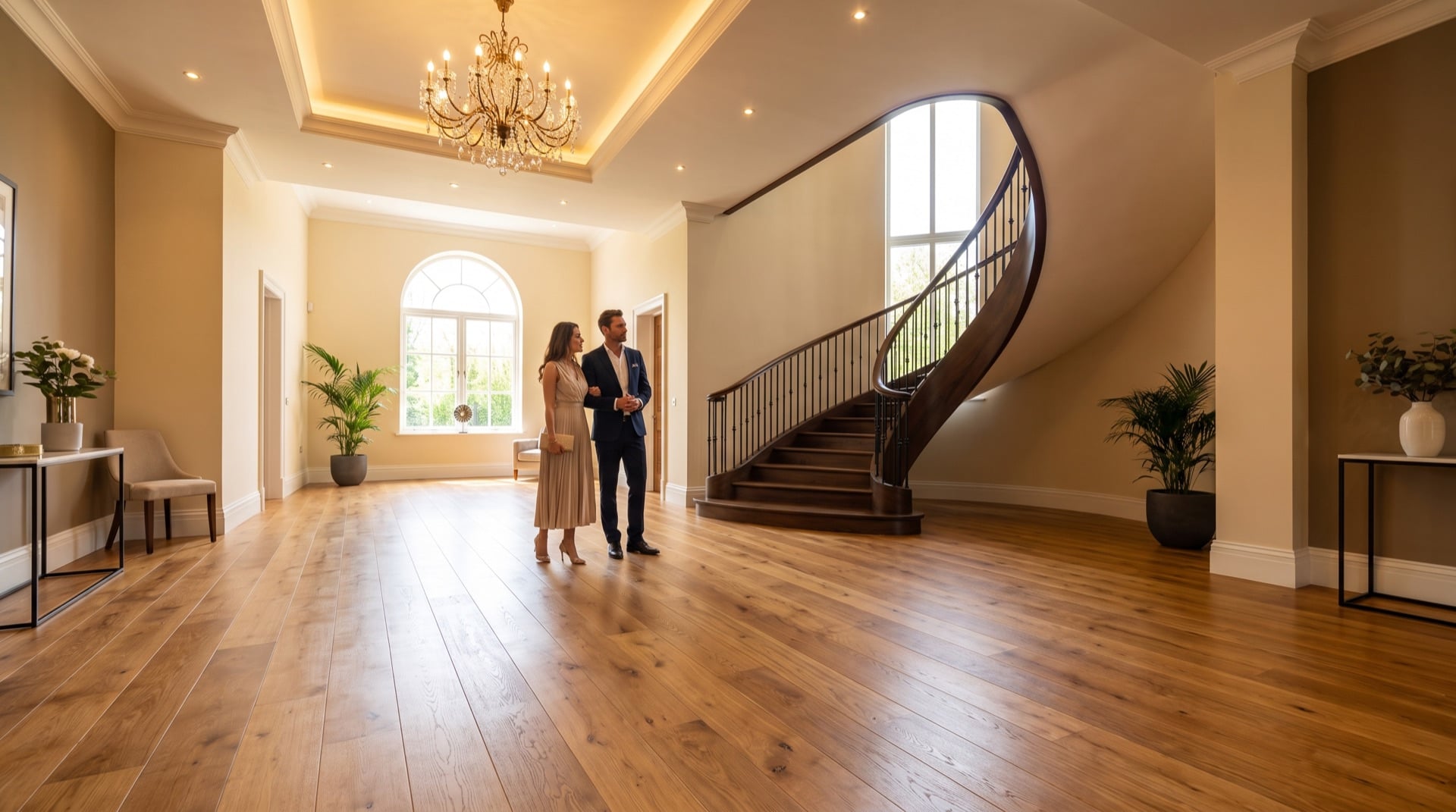 Couple in a villa hallway with parquet flooring