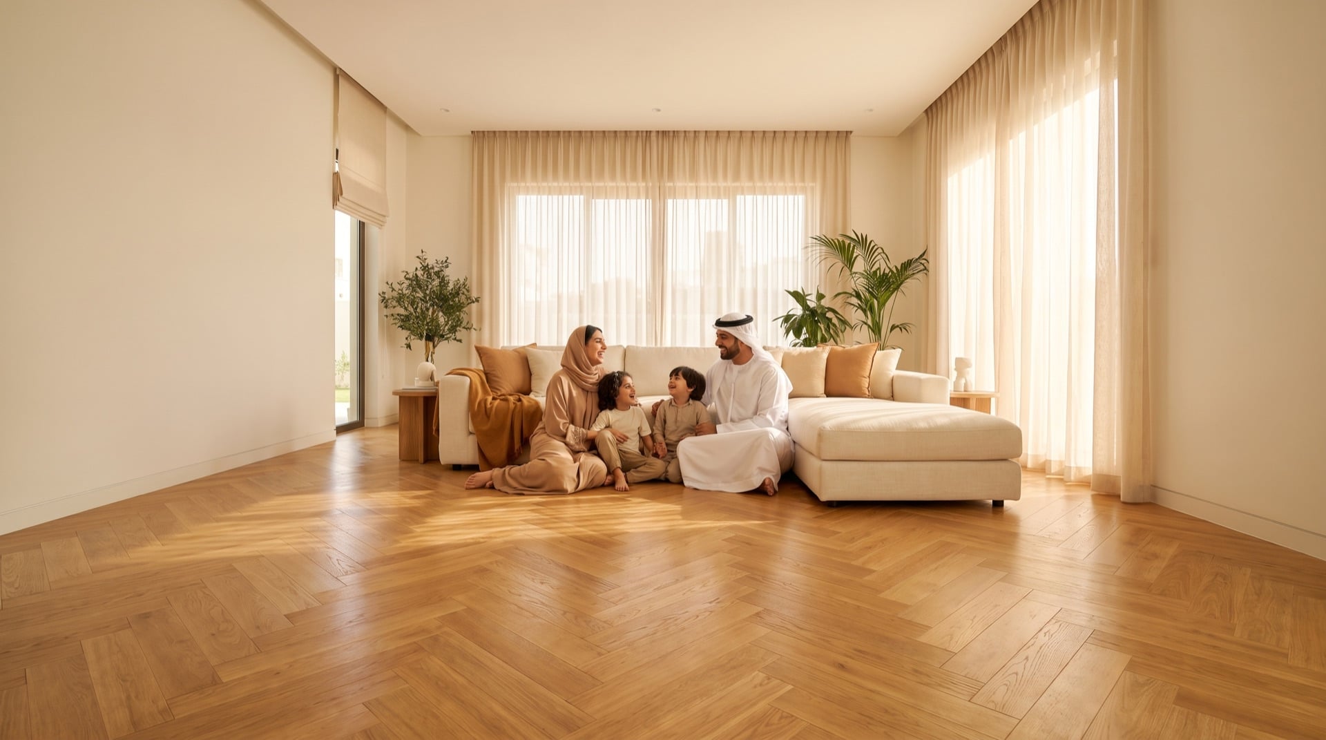 Family living room with warm oak herringbone parquet flooring