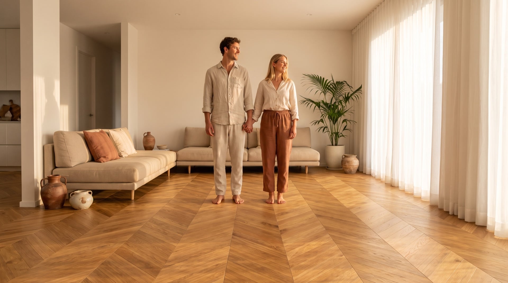 Home interior with chevron parquet flooring