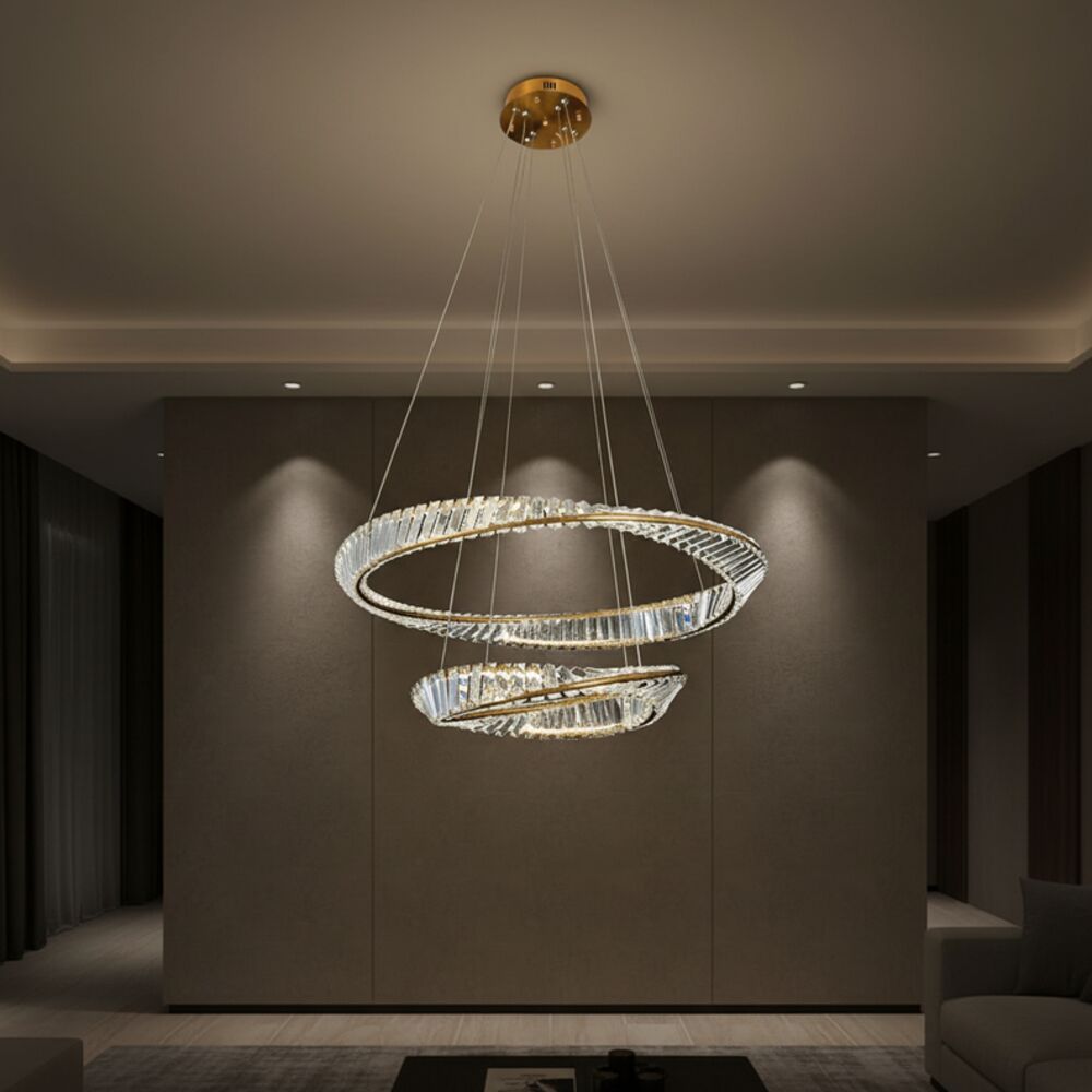 Zamara Modern Crystal Chandelier With 3 Color Dimmable Light 60+40 Cm -Gold