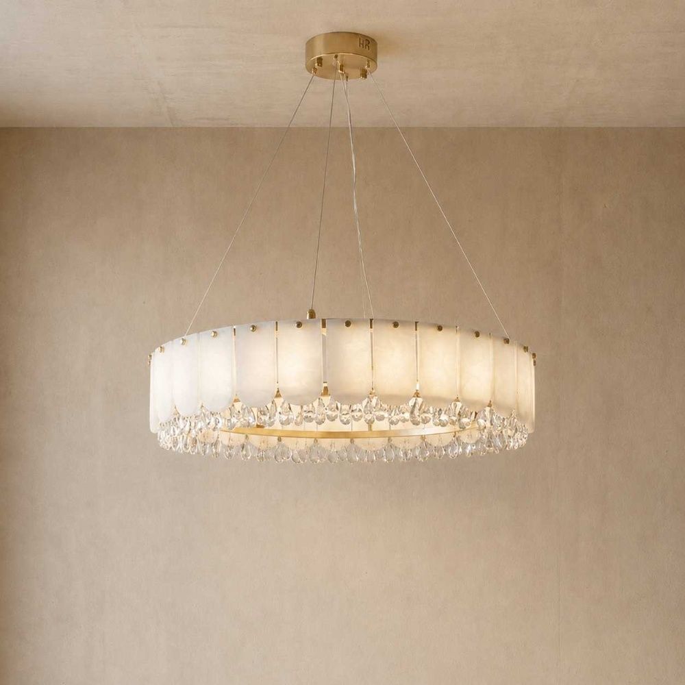 Lucia LED Chandelier – Marble & Crystal – White & Gold – 80 cm