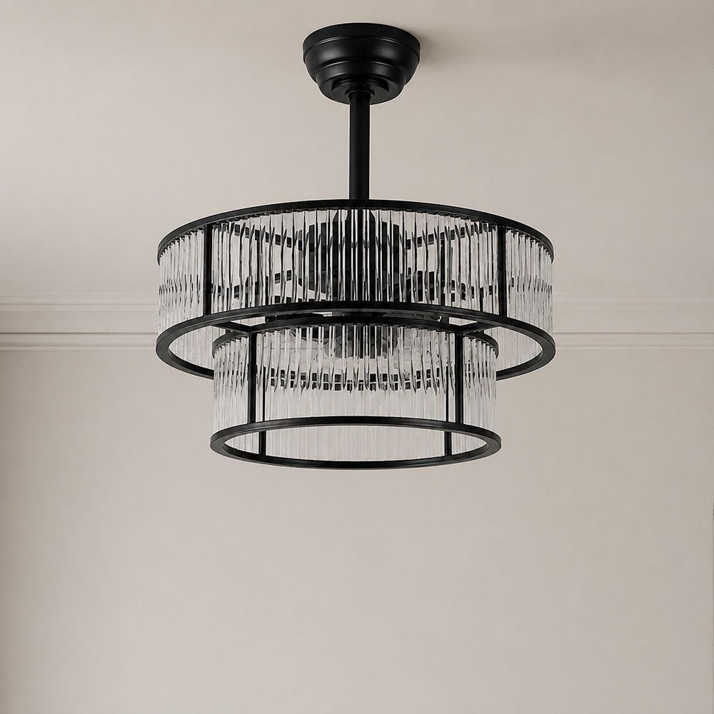 Nero Glass Ceiling Fan Chandelier with Remote Control - 3 Color Dimmable Light - Black