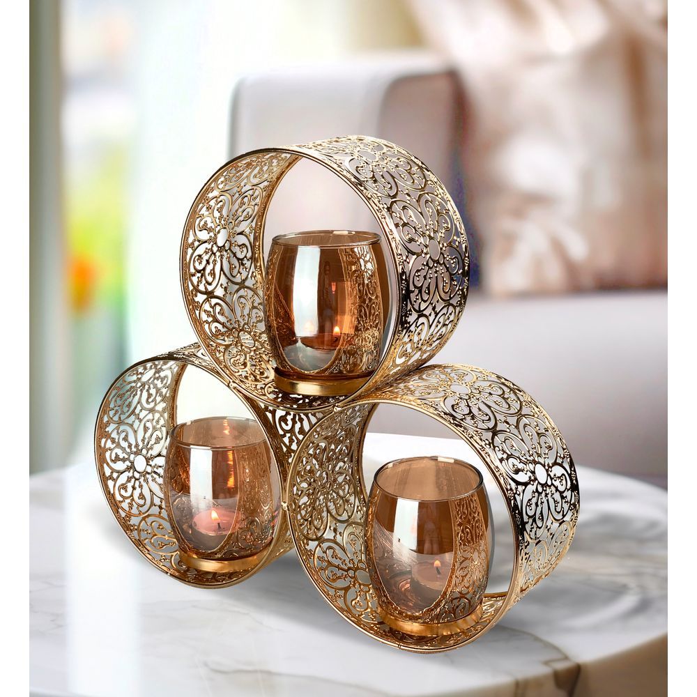 Buy Medalion 3 Piece Metal Candle Holder 31X7X29.5Cm Titanium Gold