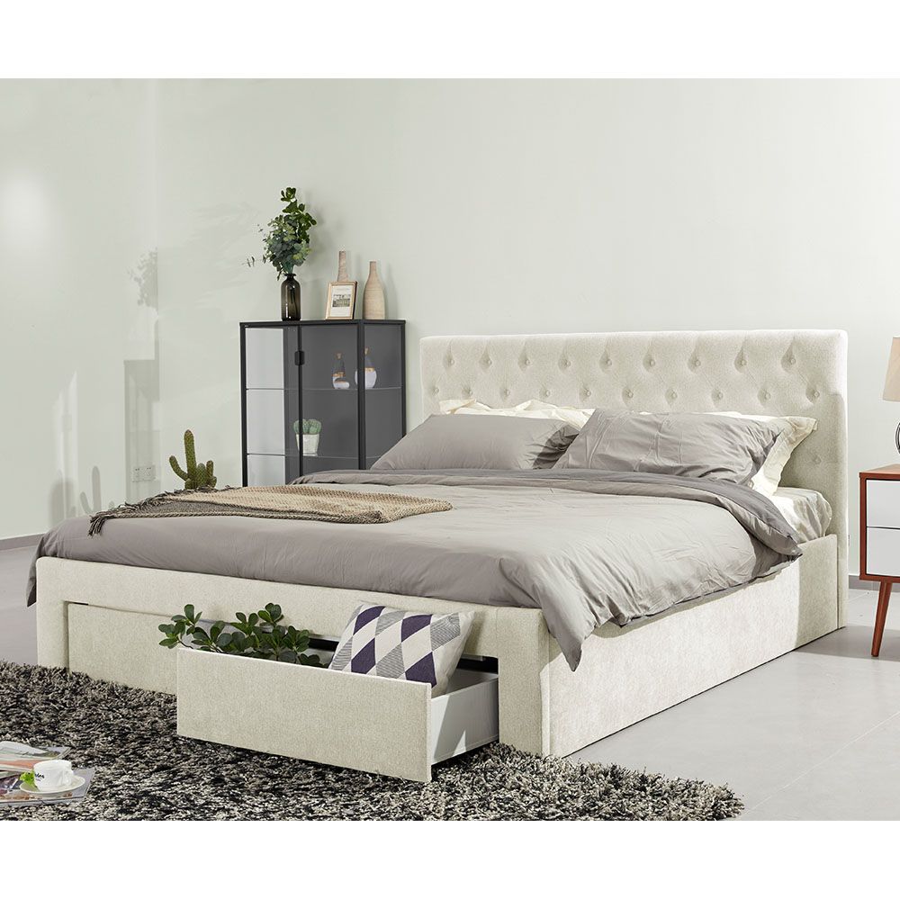 Buy Bacia 150x200 Queen Bed with 2 Front Drawers - Beige - With 2