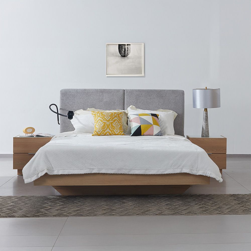 Float 160X200 Floating Bed With Mobile Holder & Wireless Charger-Natural Oak & Grey