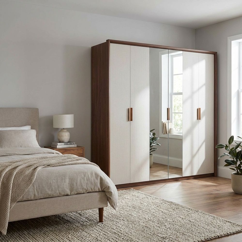 Shop Terakkai 6 Door Wardrobe With 2 Mirror-Walnut/Beige/Bronze
