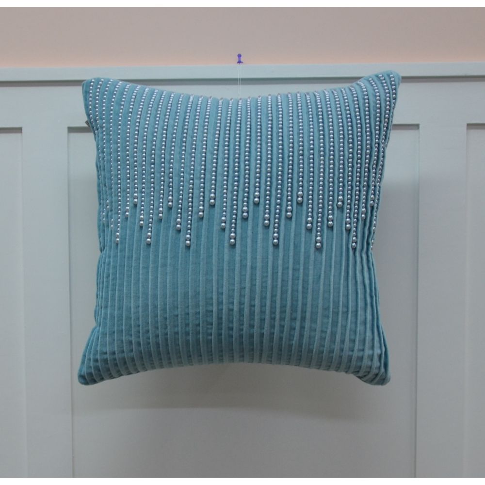Buy Gleam Cotton Velvet Cushion With Moti Hand Work Light Blue 45X45Cm