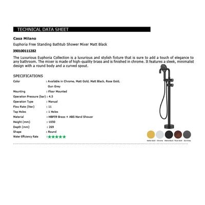 CM Euphoria Free Standing Bathtub Shower Mixer Matt Black