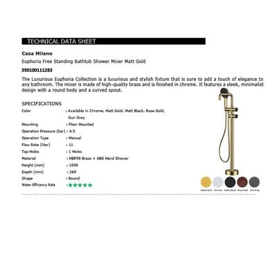 CM Euphoria Free Standing Bathtub Shower Mixer Matt Gold