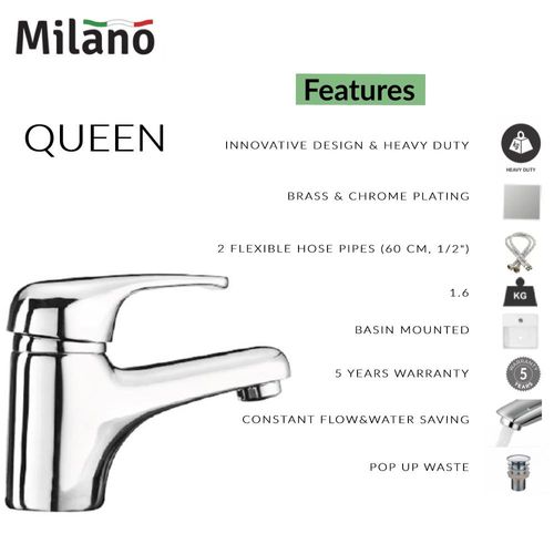 Milano Queen Basin Mixer Tap with Pop Up Waste & Flexible Pipe