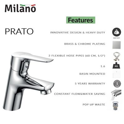 Milano Prato Basin Mixer Tap with Pop Up Waste & Flexible Pipe