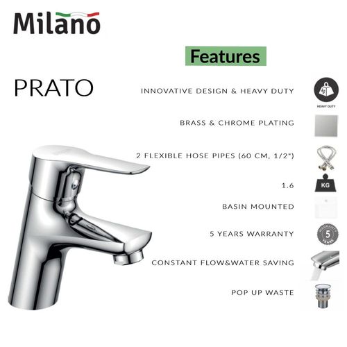 خلاط مغسلة يد - براتو - ميلانو مع سدادة حوض منبثقة
