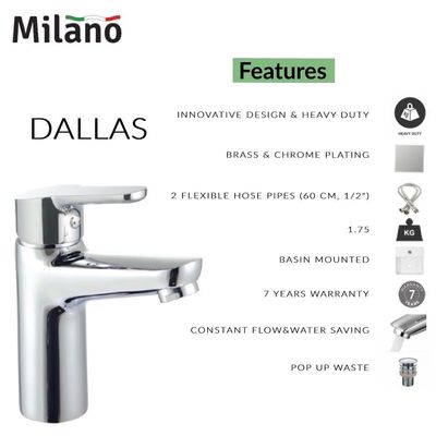 Milano Dallas Basin Mixer Tap with Pop Up Waste & Flexible Pipe