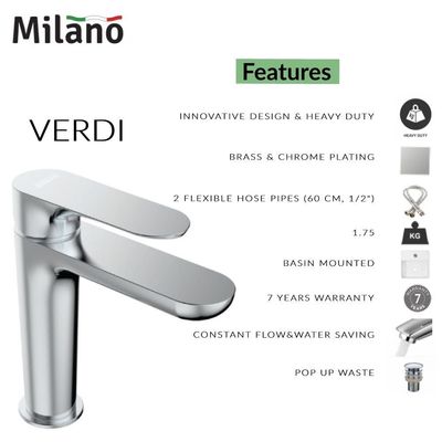 Milano Verdi Basin Mixer Tap with Pop Up Waste & Flexible Pipe