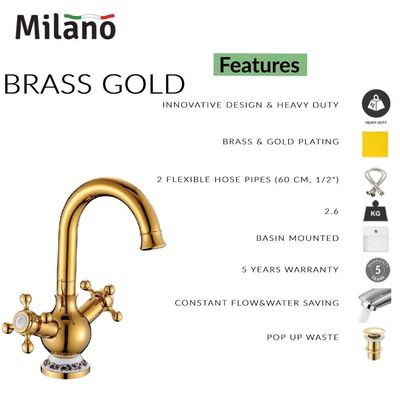 Milano Brass Gold Wash Basin Mixer With Pop Up