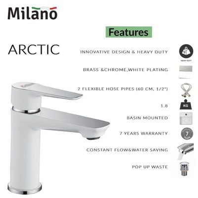 Milano Arctic Basin Mixer Tap with Pop Up Waste & Flexible Pipe