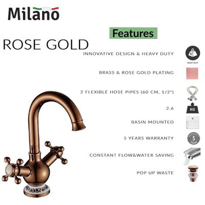 Milano Rose Gold Basin Mixer Tap with Pop Up Waste & Flexible Pipe