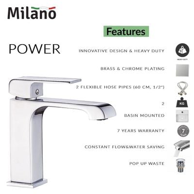 Milano Power Wash Basin Mixer W/ Pop Up Waste