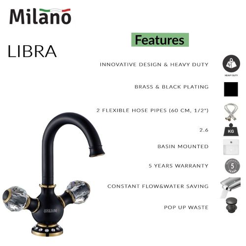 ميلانو ليبرا - خلاط حوض مع سدادة منبثقة و خرطوم مرن - أسود ذهبي كريستال