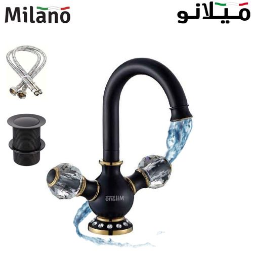 Milano Libra Basin Mixer Tap with Pop Up Waste & Flexible Pipe - Black Gold Crystal