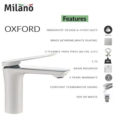 خلاط مغسلة يد - اكسفورد - ميلانو مع سدادة حوض منبثقة أبيض
