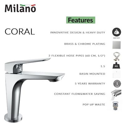 Milano Coral Basin Mixer With Click Pop Up Waste