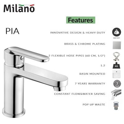 Milano Pia Basin Mixer Tap with Pop Up Waste & Flexible Pipe