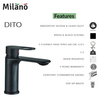 Milano Dito Basin Mixer Tap with Pop Up Waste & Flexible Pipe - Matte Black