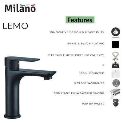 Milano Lemo Basin Mixer Tap Matt Black with Pop Up Waste & Flexible Pipe