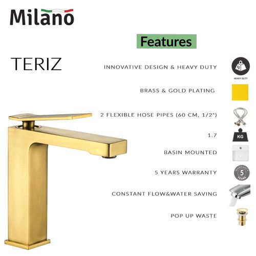Milano Teriz Basin Mixer Tap with Pop Up Waste & Flexible Pipe - Matte Gold