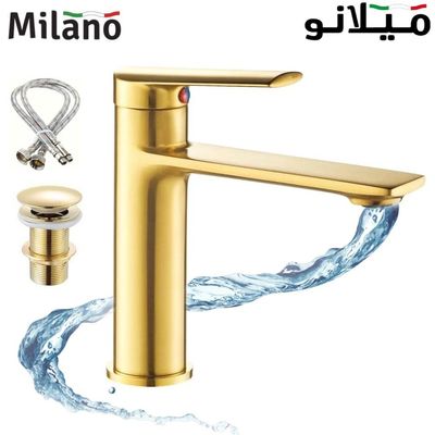 ميلانو ميلز - خلاط حوض مع سدادة منبثقة و خرطوم مرن - ذهبي مطفي