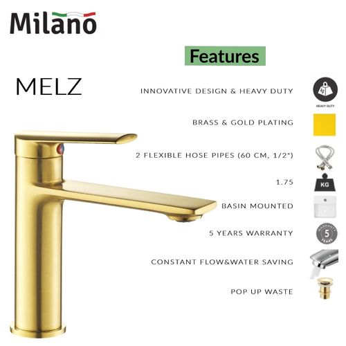 Milano Melz Basin Mixer Tap with Pop Up Waste & Flexible Pipe - Matte Gold