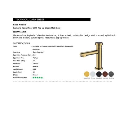 CM Euphoria Basin Mixer With Pop Up Waste Matt Gold