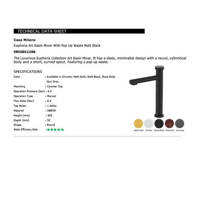 CM Euphoria Art Basin Mixer With Pop Up Waste Matt Black