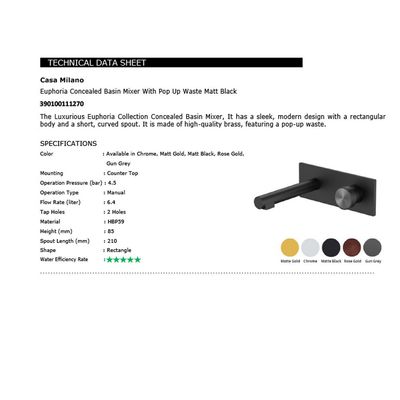 CM Euphoria Concealed Basin Mixer With Pop Up Waste Matt Black