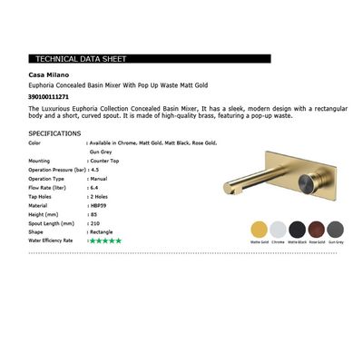 CM Euphoria Concealed Basin Mixer With Pop Up Waste Matt Gold