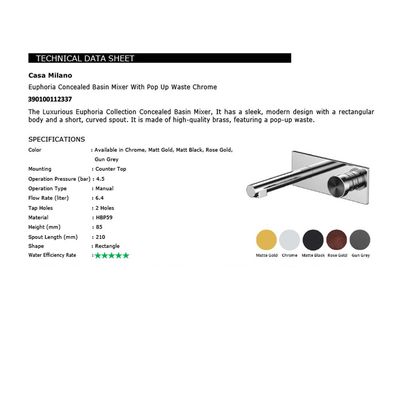 CM Euphoria Concealed Basin Mixer With Pop Up Waste Chrome A1007A