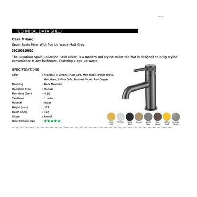 CM Spain Basin Mixer With Pop-Up Waste - Matte Grey