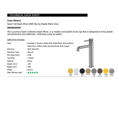 CM Spain Tall Basin Mixer With Pop Up Waste Matte Gray