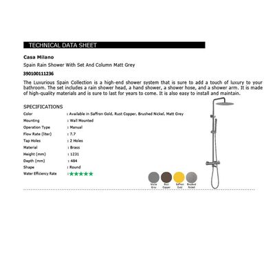 CM Spain Rain Shower Column Mixer Set Shower Mixer Matt Grey