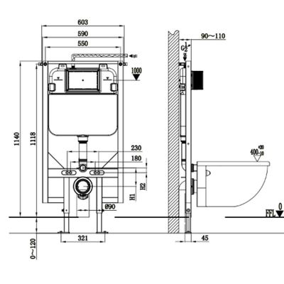 Milano - G30034 Mechanic Concealed Cistern With Iron Frame Blue Color & Hdpe 90*91 Pipe+Zh51 90 To 110 Adaptor Without Push Plate Af016200-0006