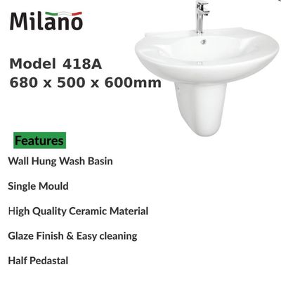 Wall Hung Wash Basin Model No: 418A White -Milano