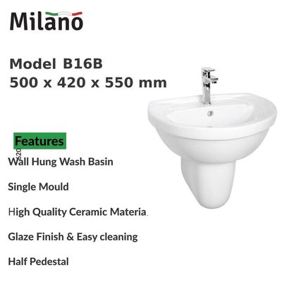 Milano Wall Hung Wash Basin Model No: B16B White