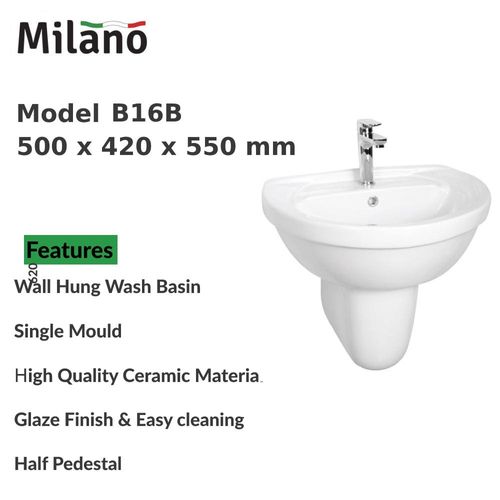 Milano Wall Hung Wash Basin Model No: B16B White