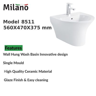 Milano Wall Hung Wash Basin Single Mould 8511 - 565x470X380mm- White Round